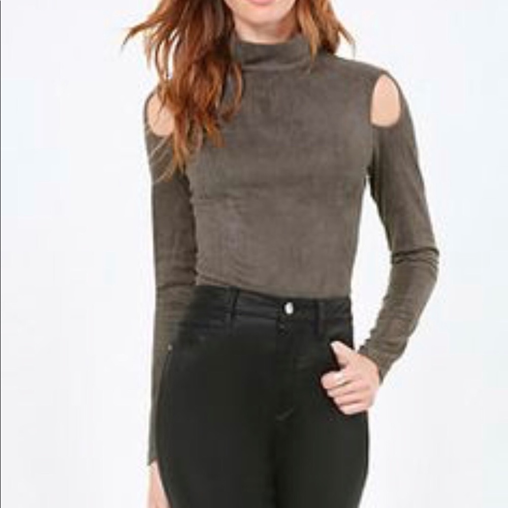 BEBE Mock Neck Cold Shoulder Taupe Suede Top